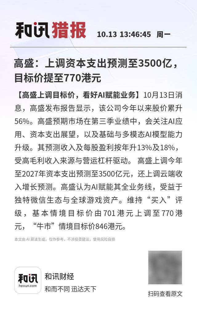 高盛：上调资本支出预测至3500亿<strong></p>
<p>公募理财</strong>，目标价提至770港元