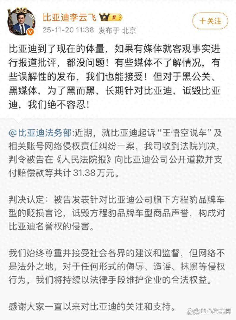 “王悟空说车”侵权比亚迪案判决，支付赔偿款等共计 31.38 万元